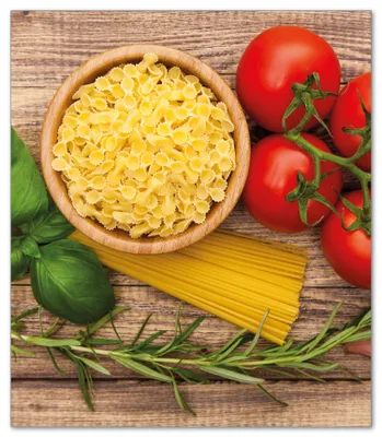 Produktbild von Wallario Herdabdeckplatte aus Glas, Größe 52 x 60 cm 1-teilig, Motiv Spaghetti mit Tomaten, Knoblauch und Basilikum