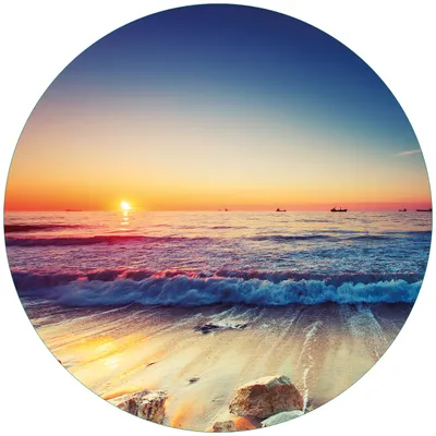 Produktbild von Wallario Premium Glasbild, freischwebende Optik, kräftige Farben, rund 50cm Durchmesser, Motiv Sonnenuntergang am Meer mit Wellen am Strand