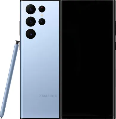 A light blue Samsung Galaxy S22 Ultra 5G smartphone with its stylus is shown from the back against a white background.