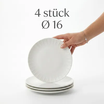 Set aus 4 Weiß Porzellanteller mit Randstruktur 16 cm