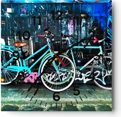 Produktbild von Wanduhr - Quadrat - Glasuhr - Fahrräder Graffiti Straße Wand - 40x40cm - Schleichendes Uhrwerk - Lautlos - zum Aufhängen bereit - Dekoration Modern - Wanddekoration aus Glas - C4AC40x40-2949