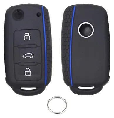 Immagine prodotto di Custodia in silicone per chiavi auto, compatibile con Volkswagen, 3 pulsanti, colore blu, con portachiavi