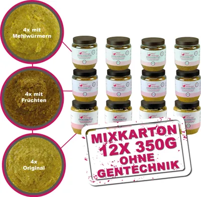 Produktbild von Wildvogel Erdnussbutter Mix-Karton 12 x 350g - normale, mit Früchten und Mehlwürmern - MeinWildvogel