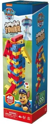 Obrázek produktu pro Jenga Paw Patrol Spin Master věž, hra na obratnost, hra na rovnováhu, 48 dřevěných dílků, speciální kostka, 2+ hráči, od 4 let