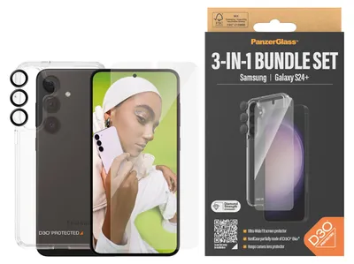 Obrázek produktu pro PanzerGlass ® 3-in-1 Protection Bundle Samsung Galaxy S24+ | Ultra-Wide Fit w. EasyAligner, Samsung, Samsung - Galaxy S24 Plus, Aplikace nasucho, Odolné proti poškrábání, Odolný proti nárazům, Průhledná, 1 kusů