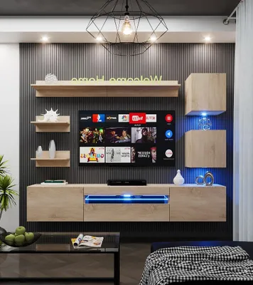 Produktbild von Furnitech Wohnwand Wohnzimmer, Möbel, Hängend Wohnwand Modern, Schrankwand mit Regale, TV Schrank, 239 cm, Sonoma Eiche M27-24M-S3 1B ohne LED