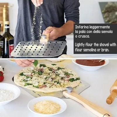 Immagine prodotto di Buccia per pizza forata in alluminio spesso con manico in legno rimovibile - perfetta per cuocere pizza, pane e focacce