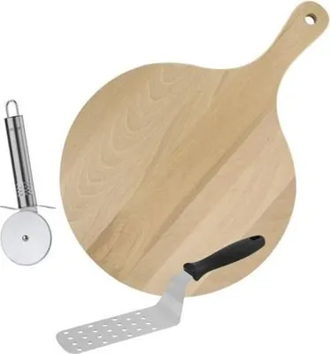 Produktbild von Pizza Zubehör Set, 3-teilig, Fackelmann, Holzbrett Ø30cm, Edelstahl Pizzaschaufel 34cm, Pizzaroller 18,5cm