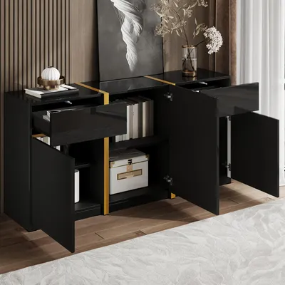 Produktbild von okwish Sideboard Hochglanz-Oberfläche Kommode mit Goldfarbenen Zierelementen Beistellschrank mit Schubladen mit Türen Für Wohnzimmer Und Esszimmer Aus MDF In Schwarz