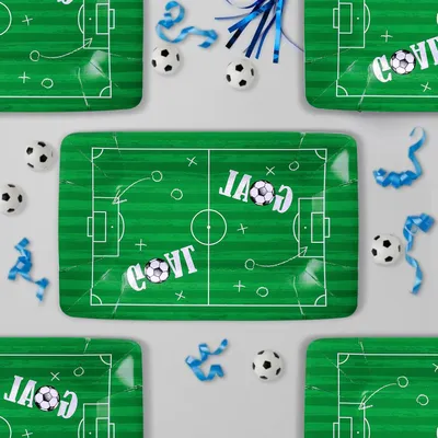 Produktbild von 30 rechteckige Pappteller im Fußball-Design, 23 x 14 cm, kleines Papierteller-Set für Fußballpartys, Kindergeburtstage, den Schulanfang und Abschlussfeiern