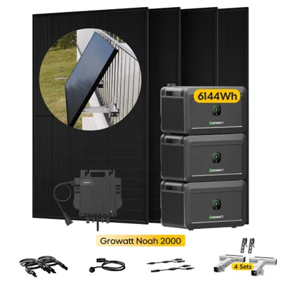 Produktbild von Powerness Balkonkraftwerk mit Speicher, 3x Growatt NOAH 2000 mit 2000W Module & Growatt 800W Mikro-Wechselrichter, 4x Balkon-Halterung(Silber) 0% VAT