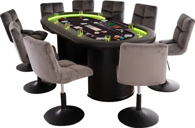 Produktbild von HOME DELUXE - Pokertisch mit 6 Stühlen DOUBLE UP - Tisch mit LED Beleuchtung u. Getränkehalter, Maße: 215 x 106 x 78 cm, Stuhlfarbe: Hellgrau I Spieltisch Poker Tisch
