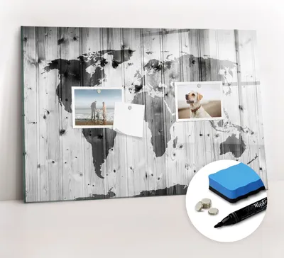 Produktbild von Magnetpinnwand Memoboard - Zubehörsatz - Schwarzer Marker + Schwamm + Magnete - 60 x 40 cm - Weltkarte auf Holz