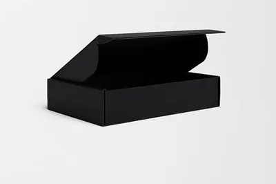 A black cardboard box with its lid open, shown against a white background.