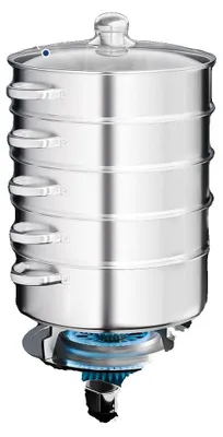 A multi-tiered stainless steel steamer pot on a gas burner.