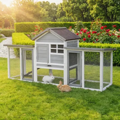 Produktbild von MyAnimal Hasenstall MH-31 | Hasenkäfig Zweistöckig - Freilaufgehege - Kaninchenstall - 5 Türen - Kleintierstall - wetterfester Stall - Dach zum Öffnen