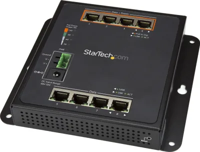 Produktbild von StarTech.com Industrial 8 Port Gigabit PoE Switch - 4 x PoE+ 30W - Power Over Ethernet - GbE Layer/L2 Managed Switch - Rugged High Power Gigabit Network Switch IP-30/-40C bis +75C - Managed - L2 - Gigabit Ethernet (10/100/1000) - Vollduplex - Power over E