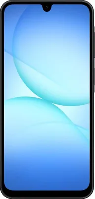 A front view of a black smartphone with a blue and white abstract wallpaper on its screen.