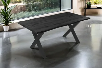 Produktbild von Esstisch 180x90 cm Baumkante Holz Grau-Optik X-Gestell Metall schwarz JOSY