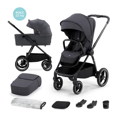 A display of a baby stroller and its various components.