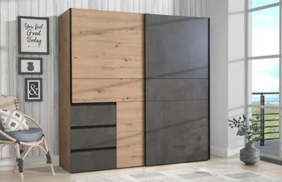 Produktbild von Casa Dolce Kleiderschrank MARCEL, natural + dunkelgrau, 200,1x61,2x200,5 cm, mit drei Schubladen