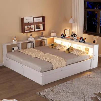 Produktbild von Flieks Hydraulisches Schlafsofa Holzbett 90x200cm/180x200cm mit Staufächern, Tagesbett Daybed mit Ladefunktion und Led, Weiß
