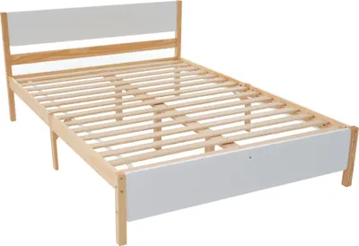 Zdjęcie produktu dla Łóżko podwójne drewniane rama sosnowa z nóżką środkową, stelaż z 15 listew, stabilne nóżki środkowe, 140x200 cm, biały/naturalny