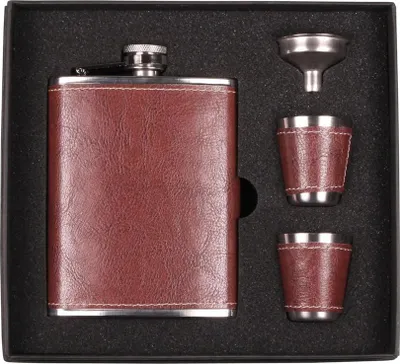 Produktbild von Hauser Flachmann-Set Lederoptik braun/chrom 210ml Fassungsvermögen mit 2 Bechern