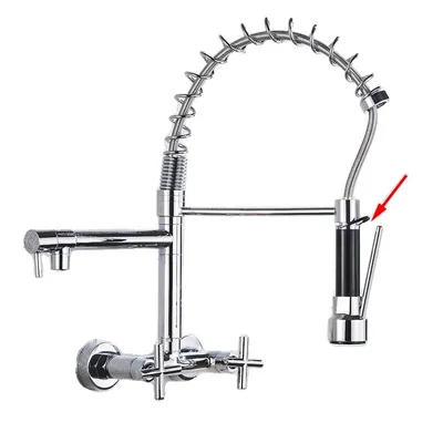 A chrome kitchen faucet with a pull-down sprayer and two handles for hot and cold water, mounted on a white background.