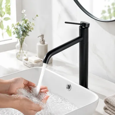 Obrázek produktu pro 2 x Homelody koupelnová armatura z nerezové oceli, umyvadlová baterie s vysokým výtokem, směšovací baterie, 180° otočná umyvadlová armatura, černá.