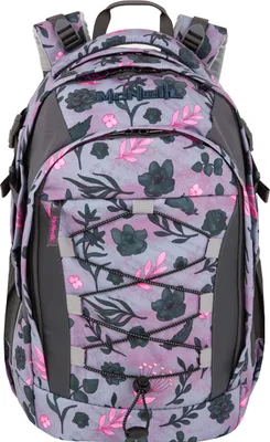A floral patterned backpack shown from the front.