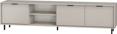 A long, low cabinet with three doors and open shelving in the center, shown against a white background.