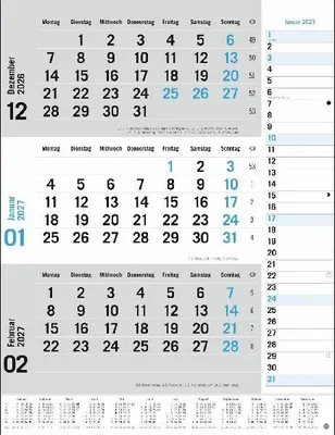 Produktbild von Heye Wandkalender 2027 3-Monats-Planer blau 30 x 39 cm mit Datumsschieber und Notizspalte
