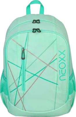 A mint green backpack with geometric line patterns and the brand name 'NEOXX' printed vertically on the right side.