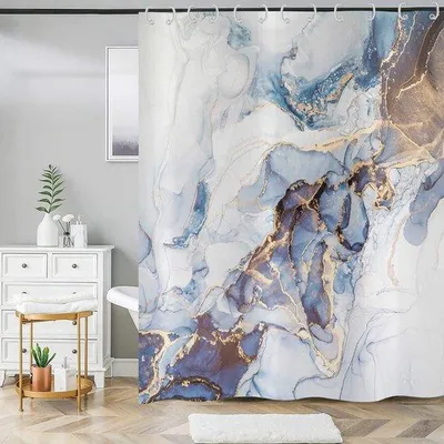 Produktbild von Unyqoos® Duschvorhang Marmoroptik – wasserabweisend, 100% Polyester, 180×200 cm, inkl. 12 weißen C‑Haken & Edelstahl‑Ösen