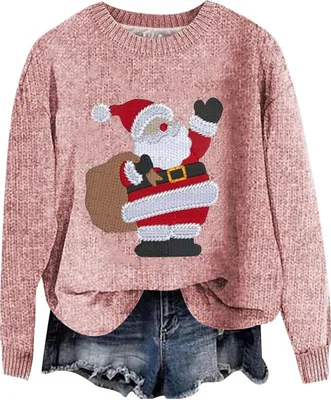 Produktbild von ASKSA Damen Lustige Weihnachtspullover Strickpullover Winter Rundhals Pulli Christmas Sweater Langarm Oberteile Warm Weihnachtspulli,C-Rosa,2XL