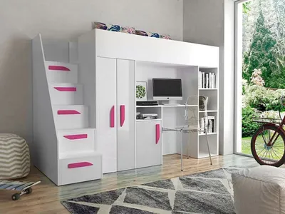 Obrázek produktu pro Zvýšená multifunkční postel 90x200 GRACLA - bílá / lesklá bílá / růžová