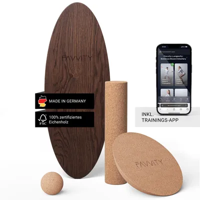 Produktbild von Balance Board aus Eichenholz [Handgefertigt in Deutschland] Gleichgewichtstrainer - Komplett-Set