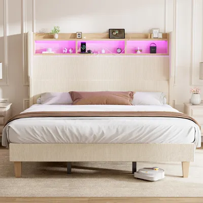 Obrázek produktu pro Postel s čalouněnou čelo, LED osvětlením, porty USB-A a USB-C, čelo o výšce 130 cm s úložnými přihrádkami, dvoulůžko pro matraci o rozměrech 140x200 cm, potah z tkaniny, barva béžová