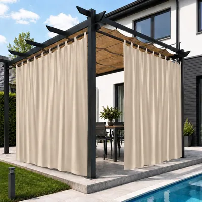 Produktbild von Vorhänge Blickdicht Wasserdicht Gardinen Sonnenschutz Outdoor Vorhang mit Abnehmbare Schlaufen, 2 Stück, B254xH244cm, Beige