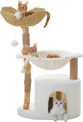 Immagine prodotto di Arredamento per gatti - Tiragraffi con cuccia - Per giocare e riposare - Grande cesto in vimini - Altezza 102 cm - Beige