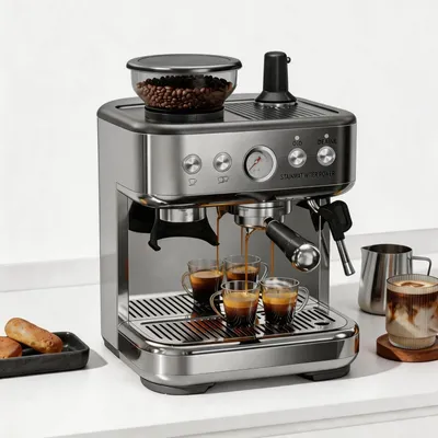 Obrázek produktu pro Espressova kávovar - Kávovar s pákovým systémem - Integrovaná mlýnka na kávu - Profesionální tryska na napěňování mléka - Nerezové pouzdro - Stříbrná barva