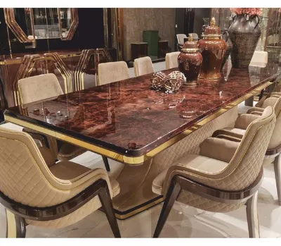 Produktbild von Casa Padrino Luxus Art Deco Esszimmer Set - Esstisch & 6 Esszimmer Stühle mit Armlehnen