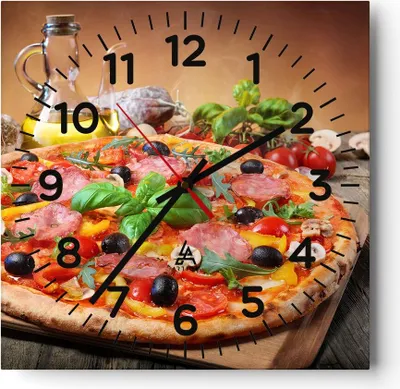 Produktbild von Wanduhr - Quadrat - Glasuhr - Pizza Käse Tomaten - 30x30cm - Schleichendes Uhrwerk - Lautlos - zum Aufhängen bereit - Dekoration Modern - Wanddekoration aus Glas - C4AC30x30-4024