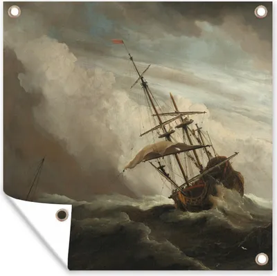 Produktbild von MuchoWow® 100x100 cm Outdoor-Poster Gartendeko Sichtschutz Garten Poster für den Garten  Ein Schiff auf offener See während eines Sturms - Gemälde von Willem van de Velde