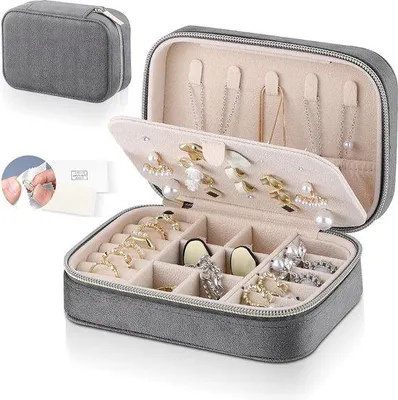 Produktbild von Famanu Schmuckkästchen für Reisen - Tragbare Schmuckbox mit Reißverschluss - Grau