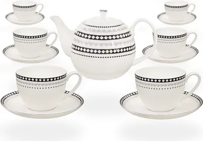 Produktbild von Buchensee Kaffeeset / Teeset / Teeservice / Teekanne / Kaffeekanne 1,5 liter mit 6 Tassen je 210ml, Rautendeko, Fine Bone China