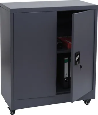 A dark gray metal filing cabinet with two doors, one of which is open, revealing shelves with files and other items inside. The cabinet is on wheels.