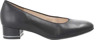 A side view of a black leather pump shoe.