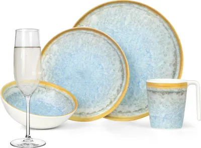 Produktbild von Melamin Camping Geschirr Set 4 Personen Crystal Blue + 4 Tiamo Champgner Gläser Flûtes Tafelgeschirr Picknick BBQ Kochgeschirr